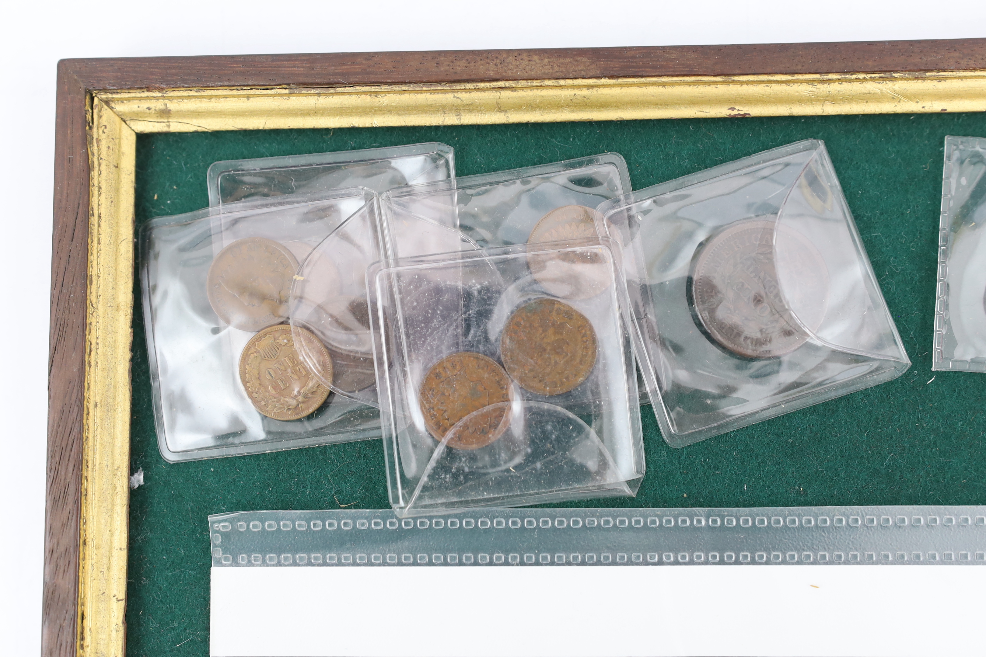 US coins, Queen Isabella quarter dollar 1893, about UNC, Liberty head one cent 1844, VF, various Indian head one cents, five cents